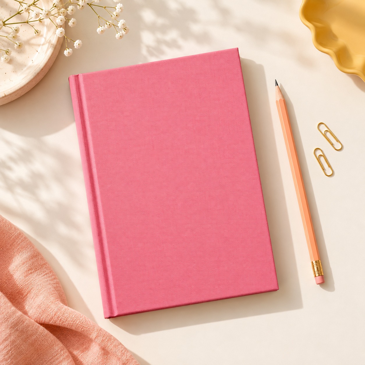 notebook flatlay in pink, peach, yellow, and cream