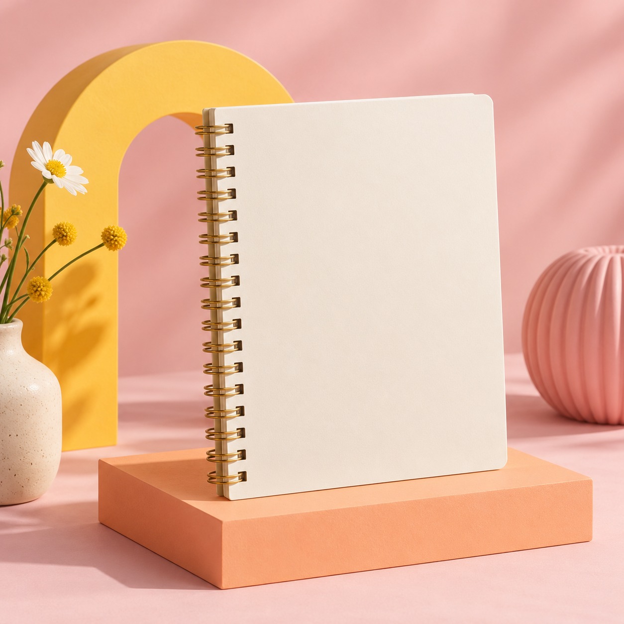 planner display in pink, peach, yellow, and cream