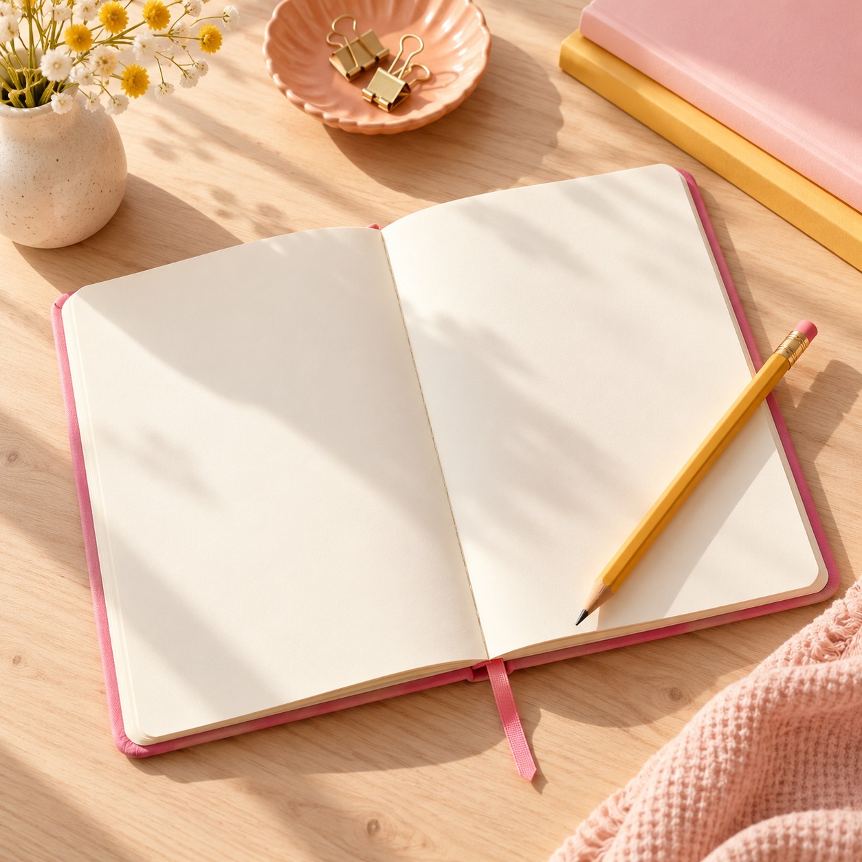 journal open in pink, peach, yellow, and cream