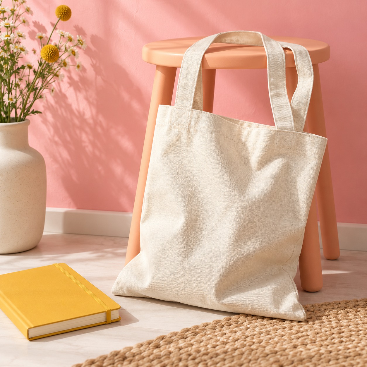 tote bag in pink, peach, yellow, and cream