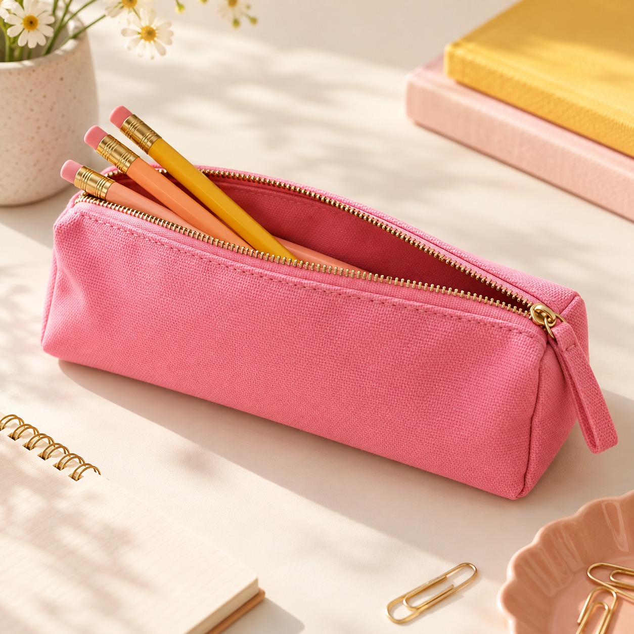 pencil pouch in pink, peach, yellow, and cream