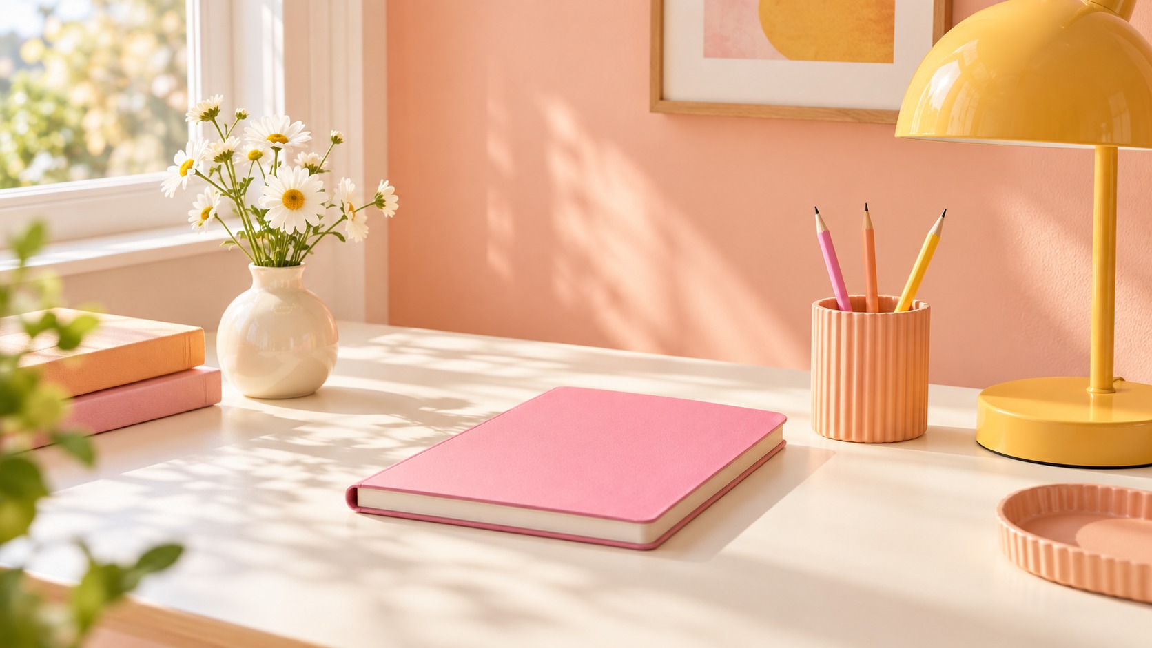 desk wide in pink, peach, yellow, and cream