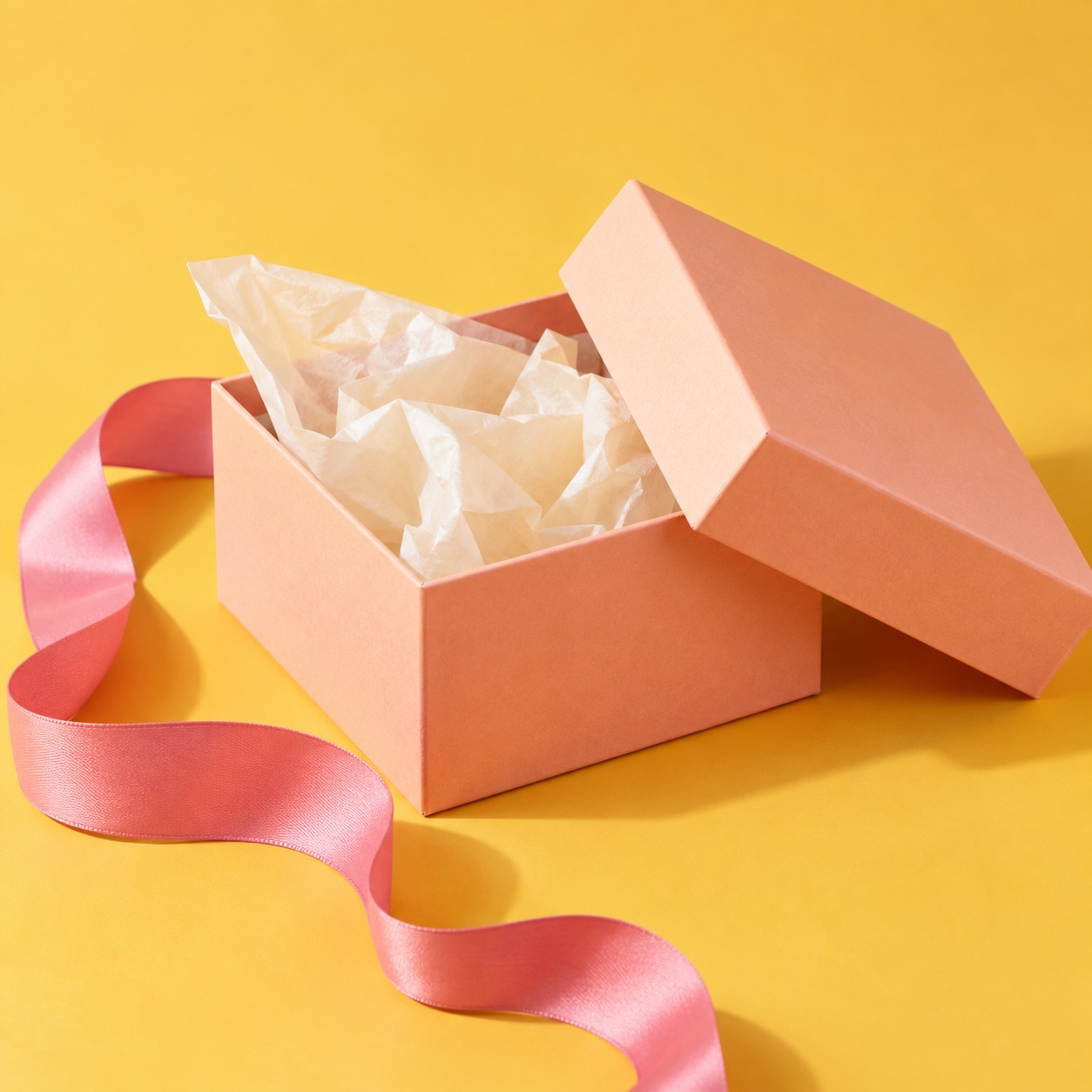gift box in pink, peach, yellow, and cream