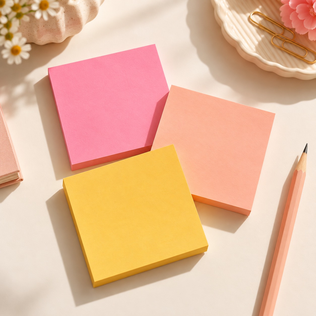sticky notes in pink, peach, yellow, and cream