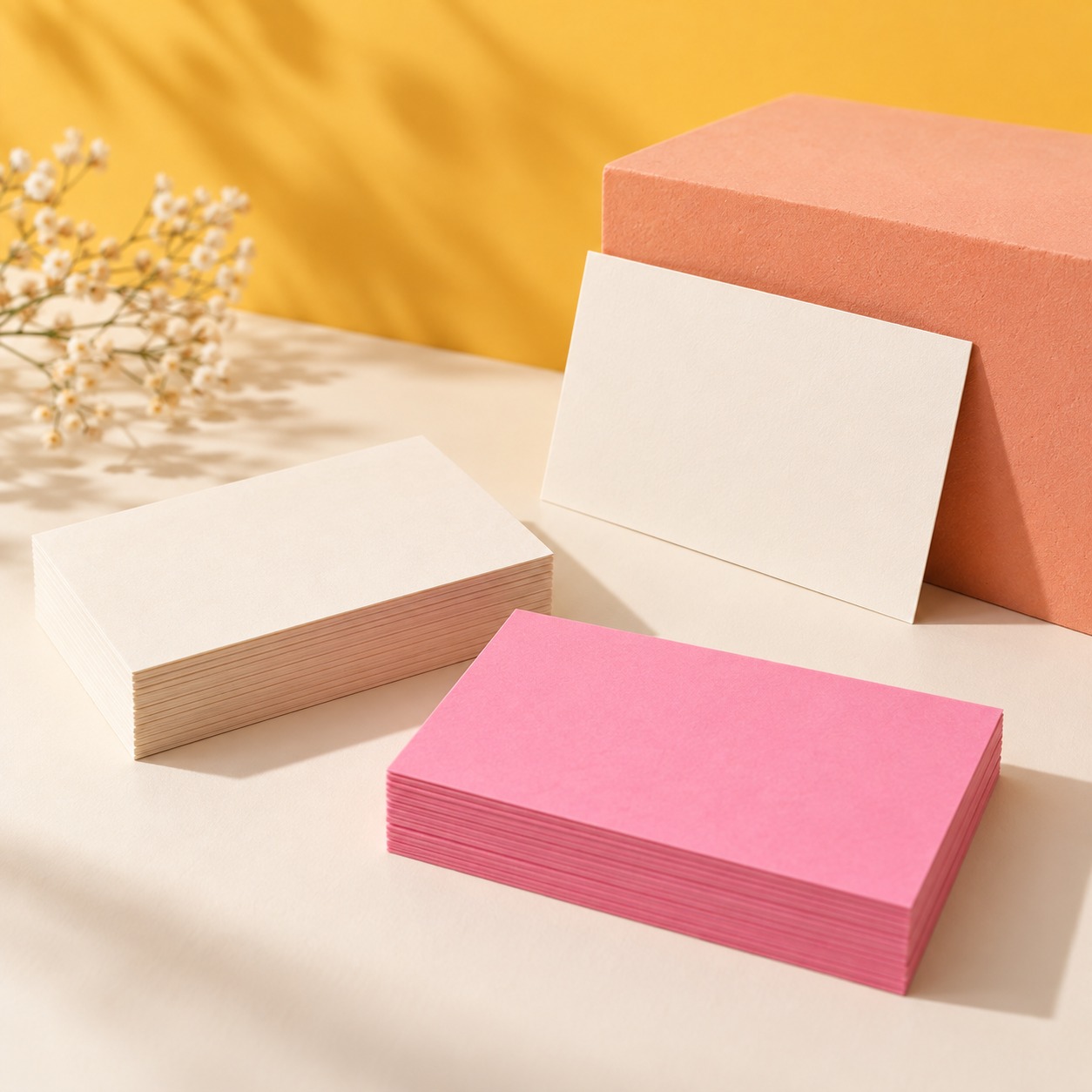 business cards in pink, peach, yellow, and cream