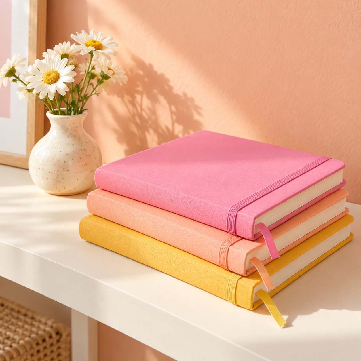 daisy notebooks in pink, peach, yellow, and cream