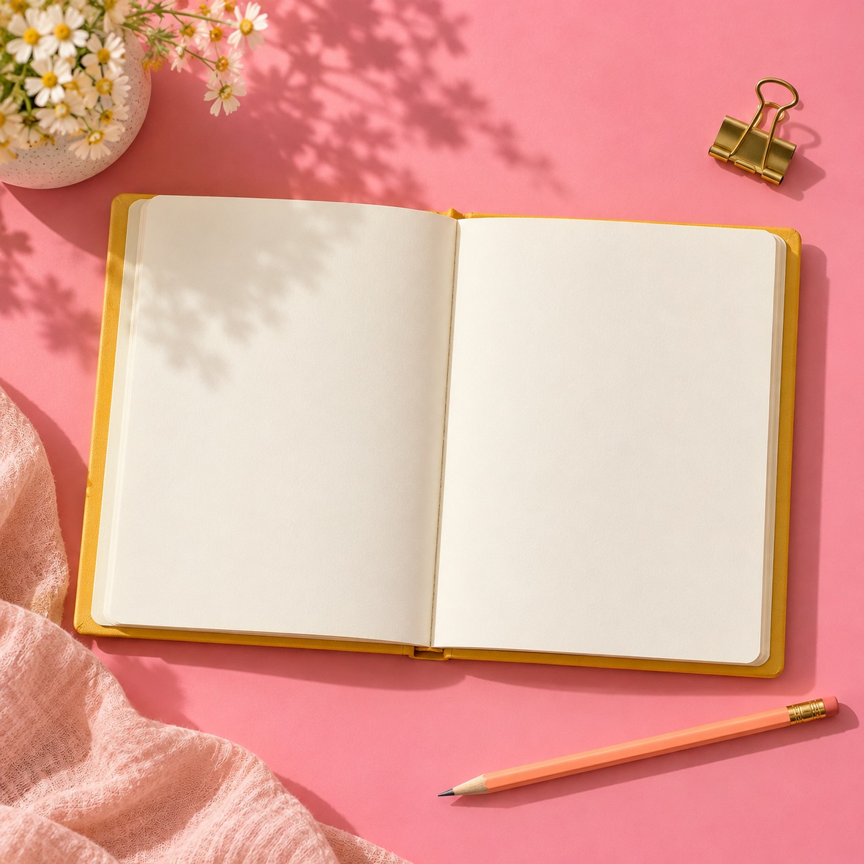 workbook open in pink, peach, yellow, and cream
