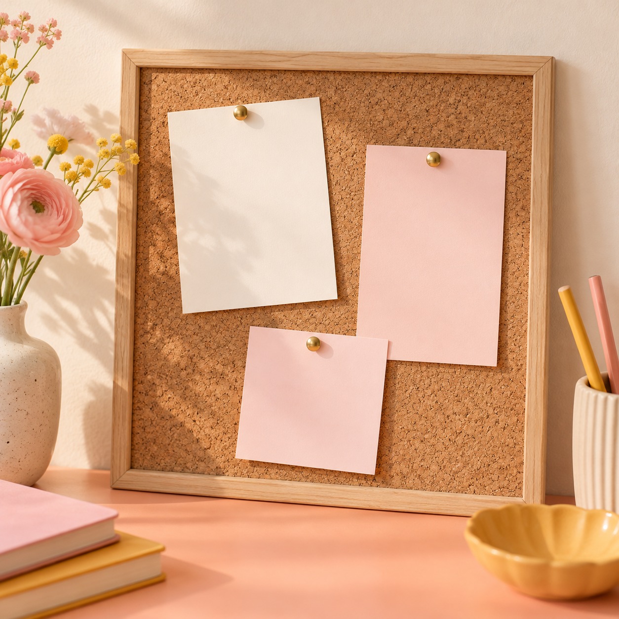 pinboard in pink, peach, yellow, and cream