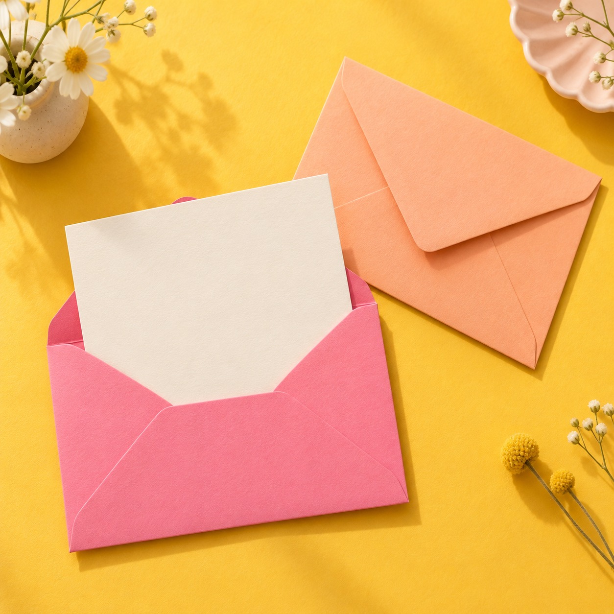 envelope set in pink, peach, yellow, and cream