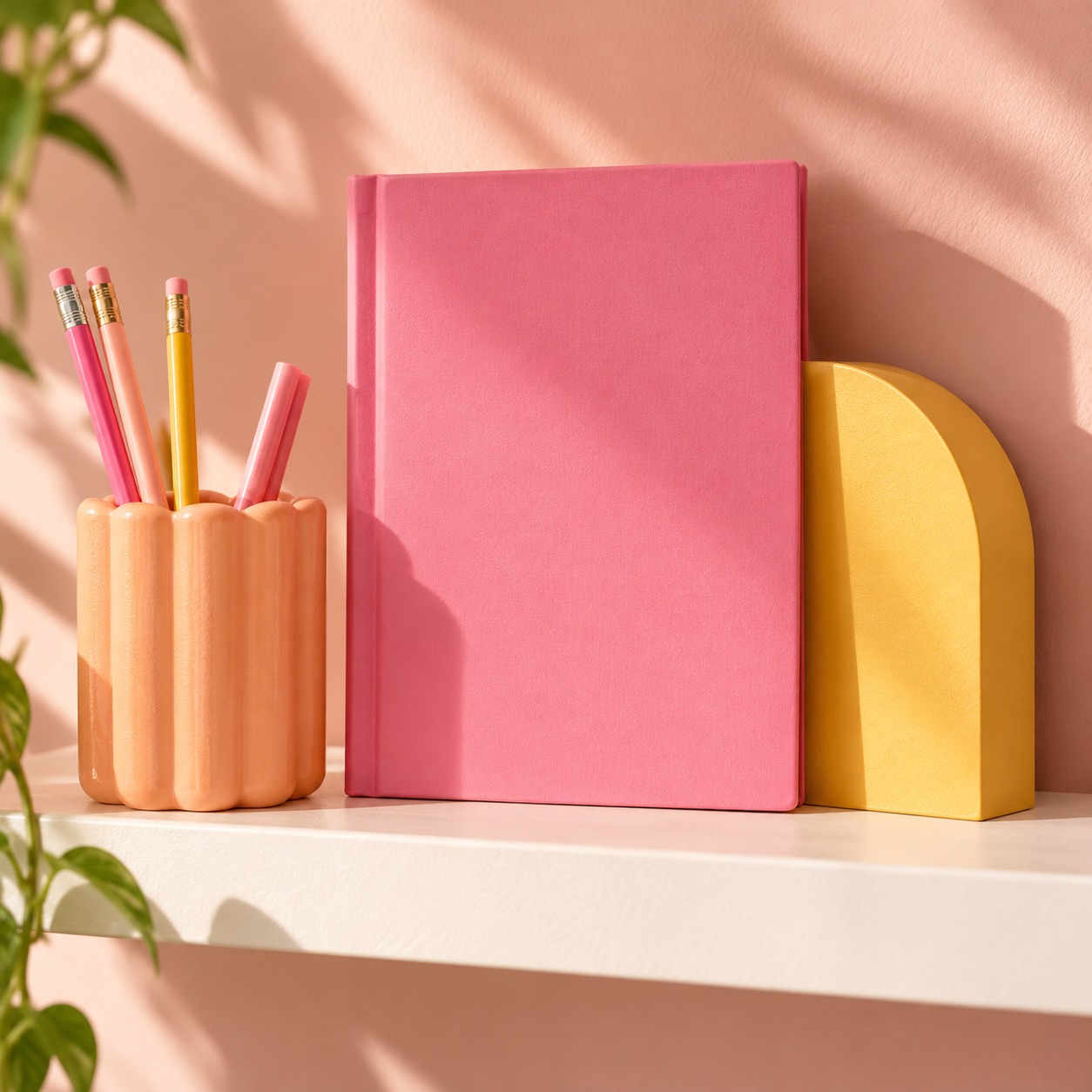 stationery shelf in pink, peach, yellow, and cream