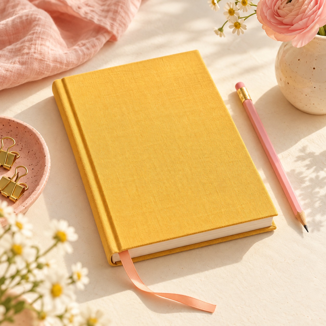 ribbon journal in pink, peach, yellow, and cream
